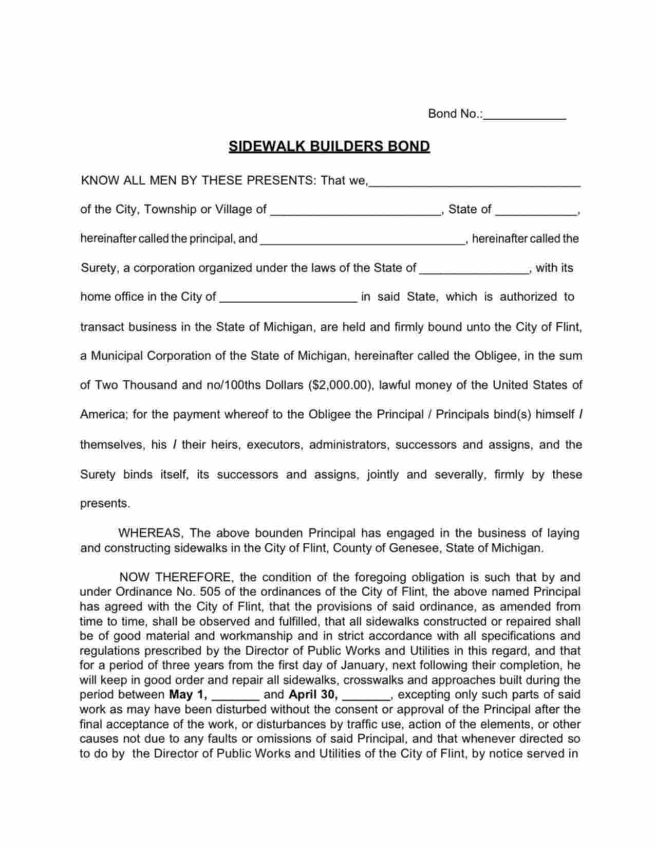 Michigan Sidewalk Builders Bond Form