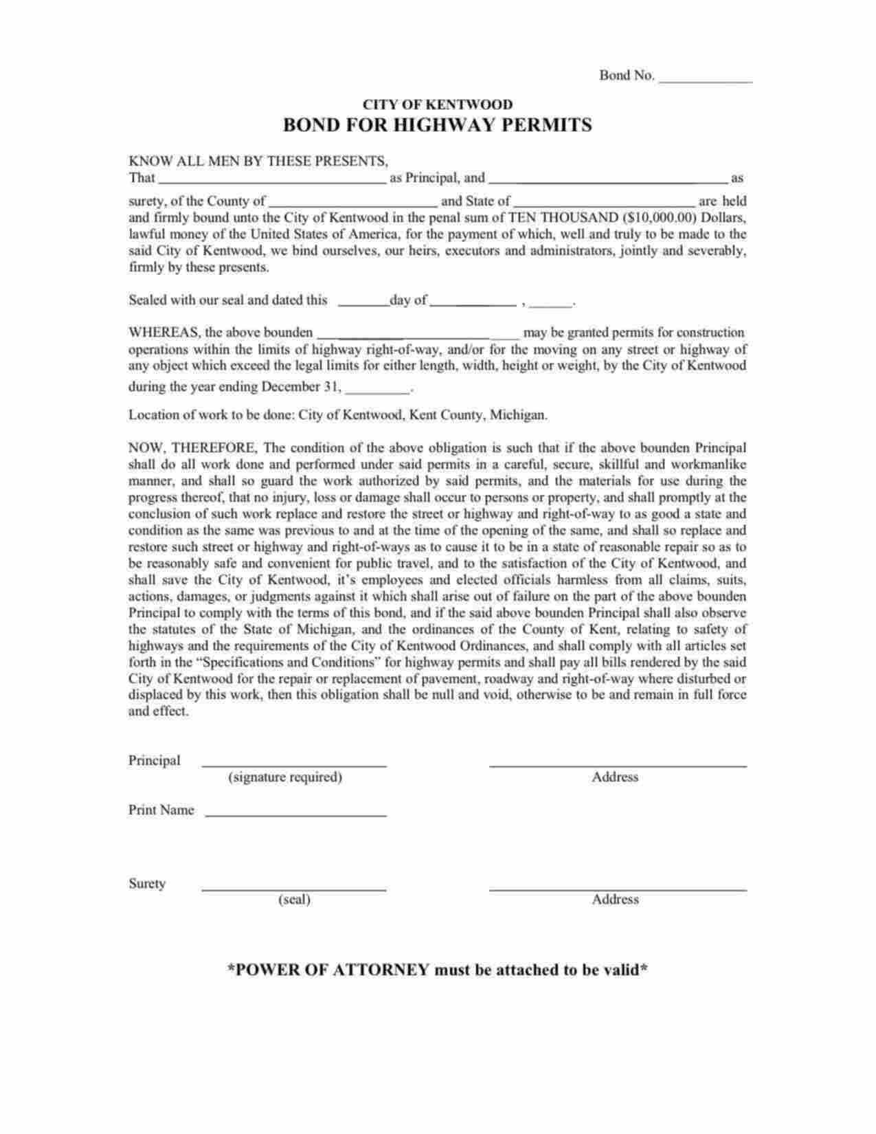 Michigan Highway Permit Bond Form