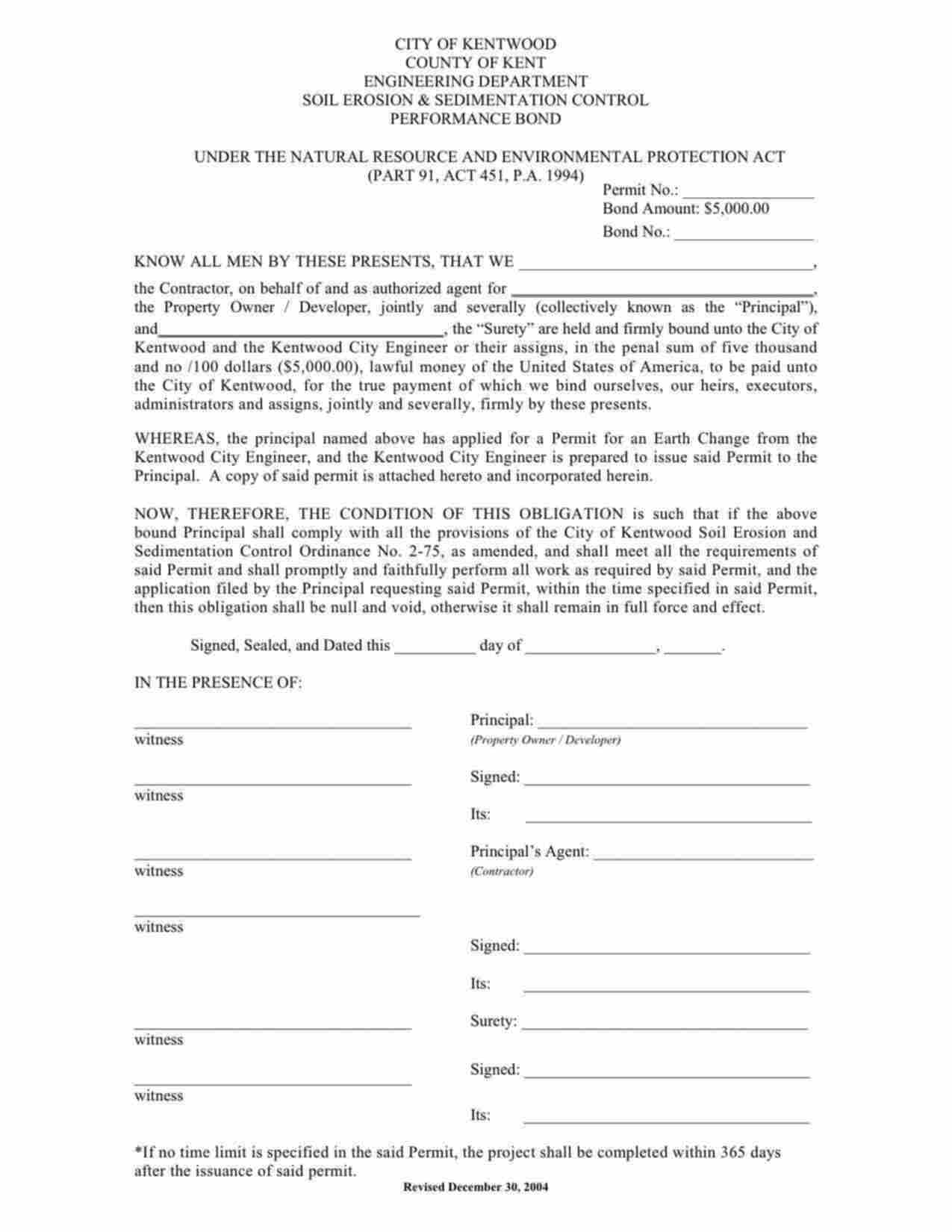 Michigan Soil Erosion and Sedimentation Control Bond Form