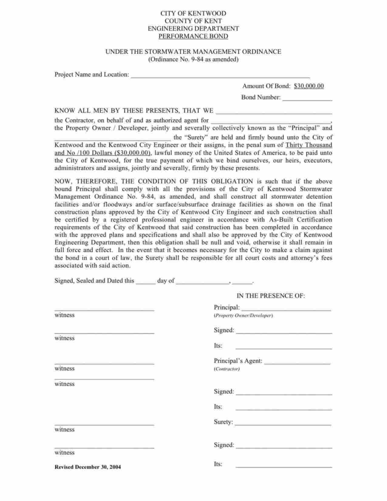 Michigan Stormwater Management Bond Form