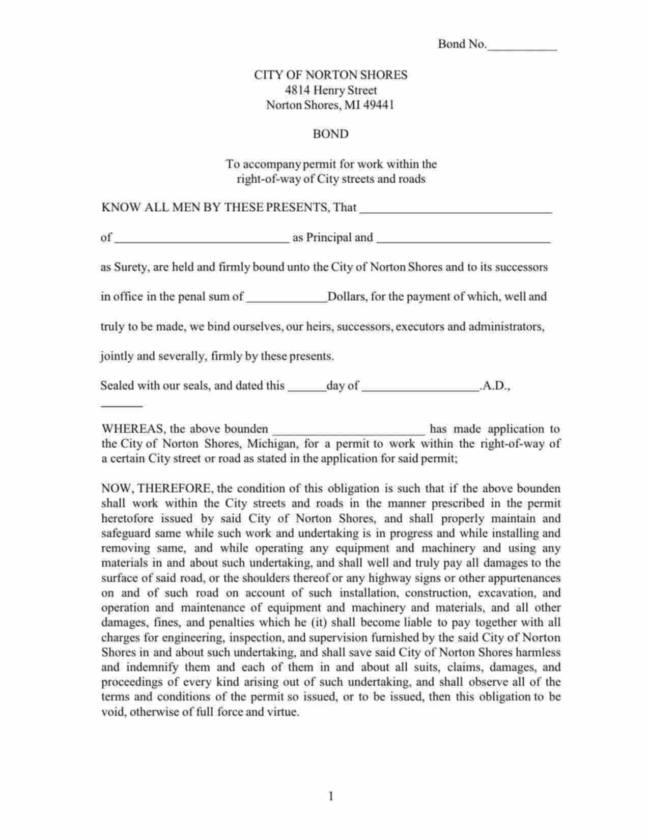 Michigan Right-of-Way Permit Bond Form