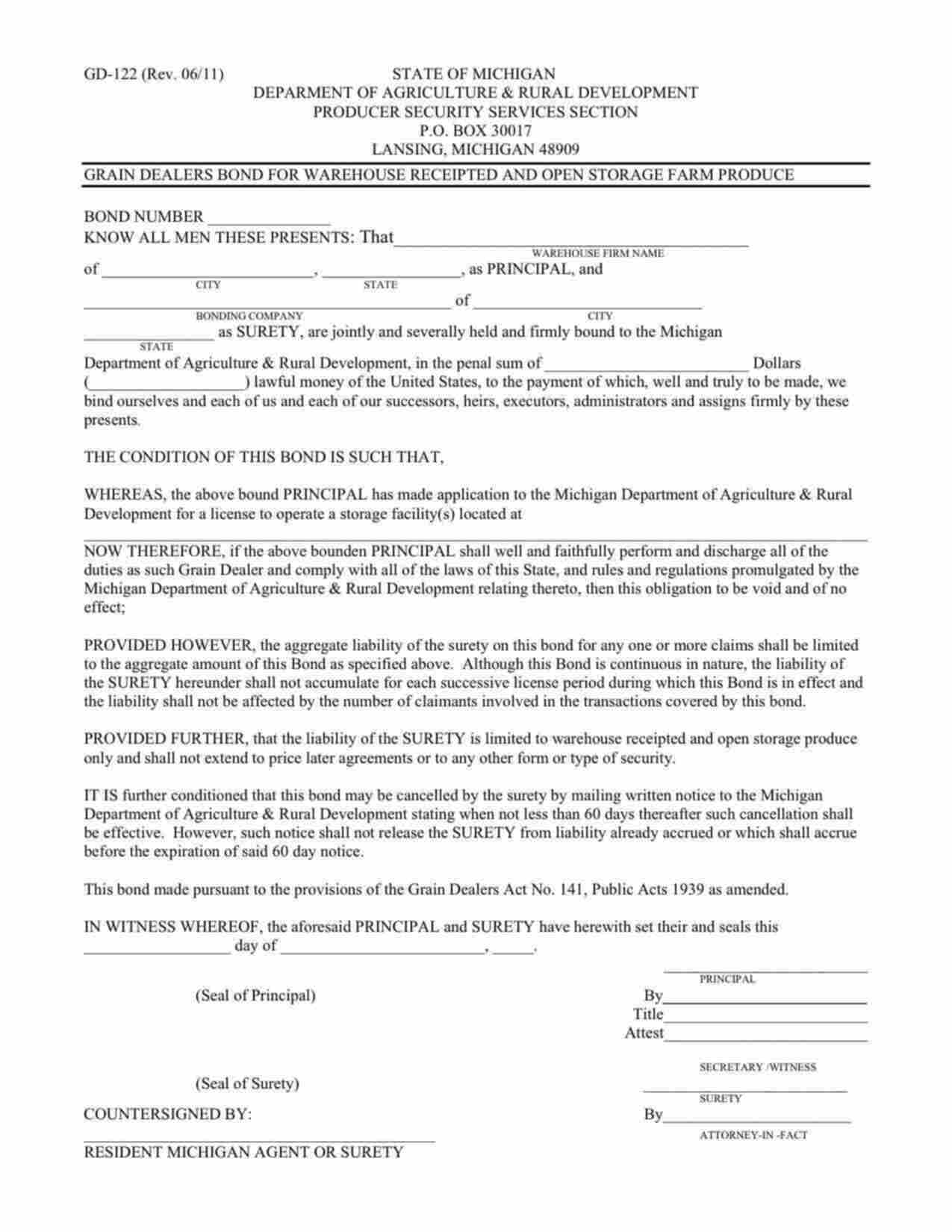 Michigan Grain Dealer Bond Form