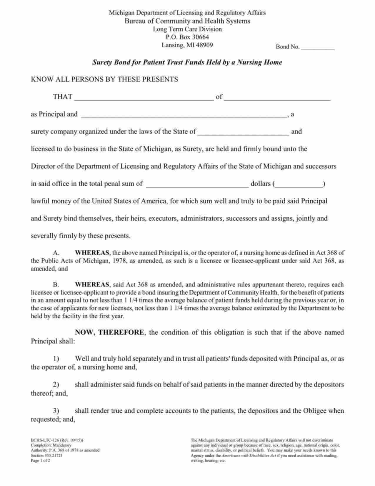 Michigan Nursing Home - Patient Trust Fund Bond Form