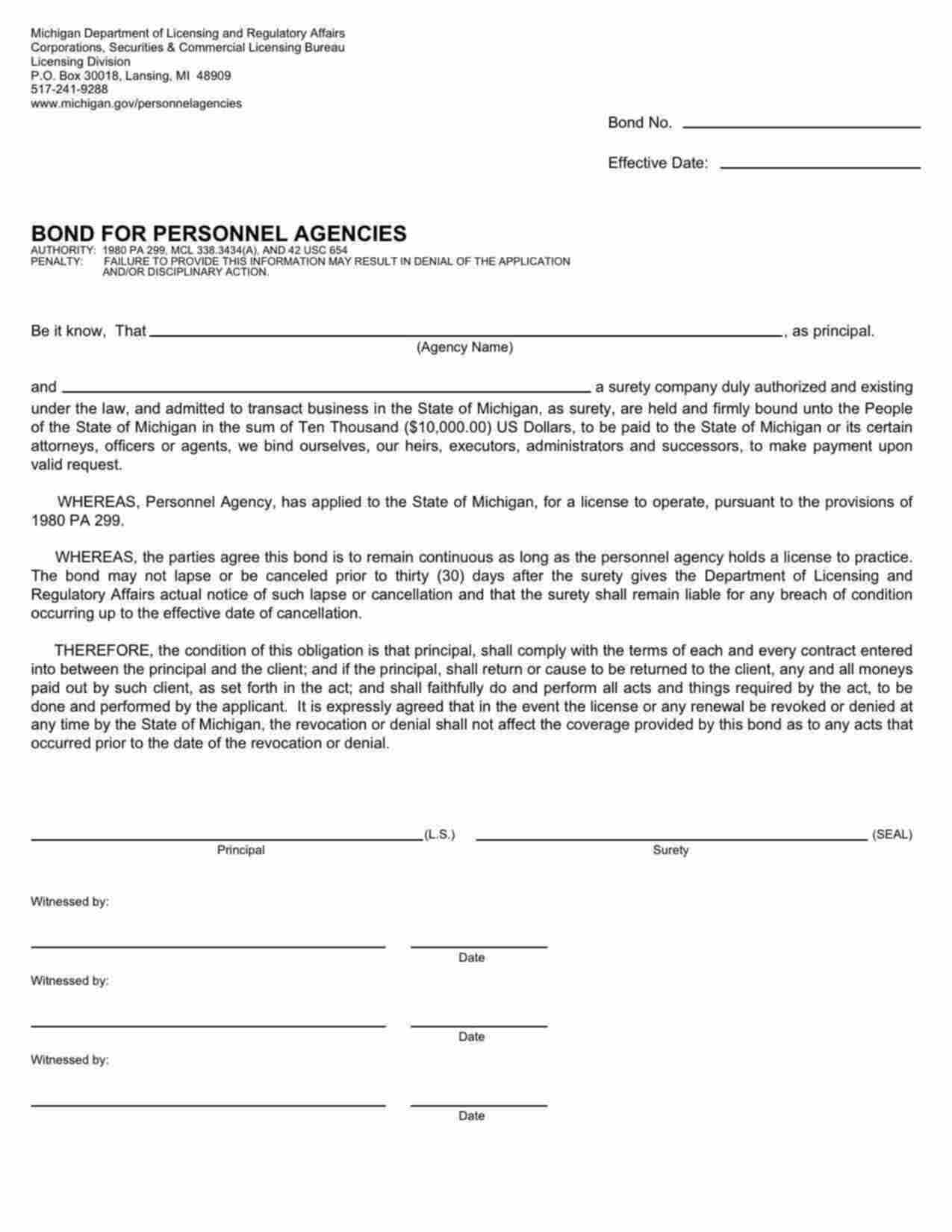 Michigan Personnel Agencies Bond Form