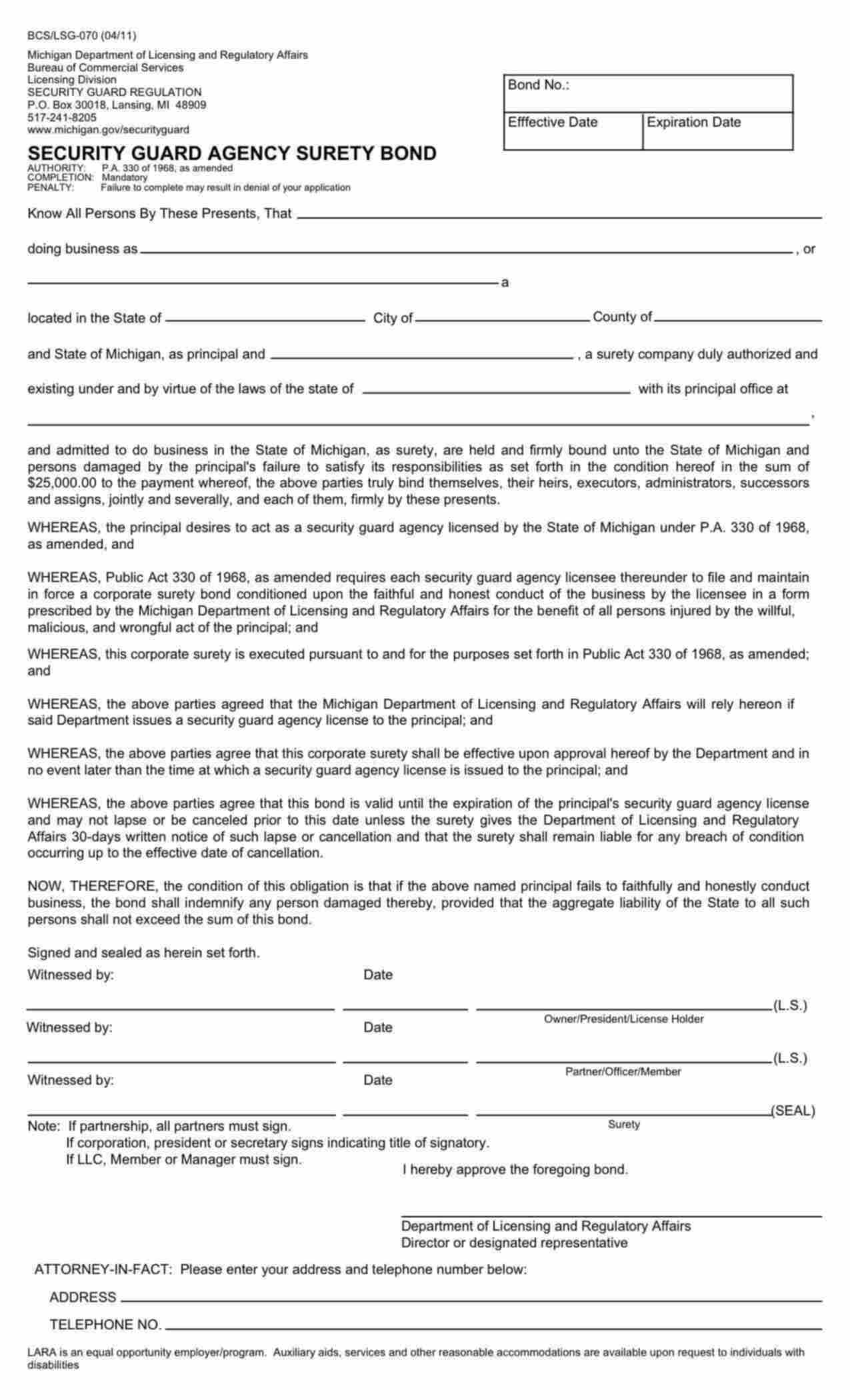 Michigan Security Guard Agency Bond Form