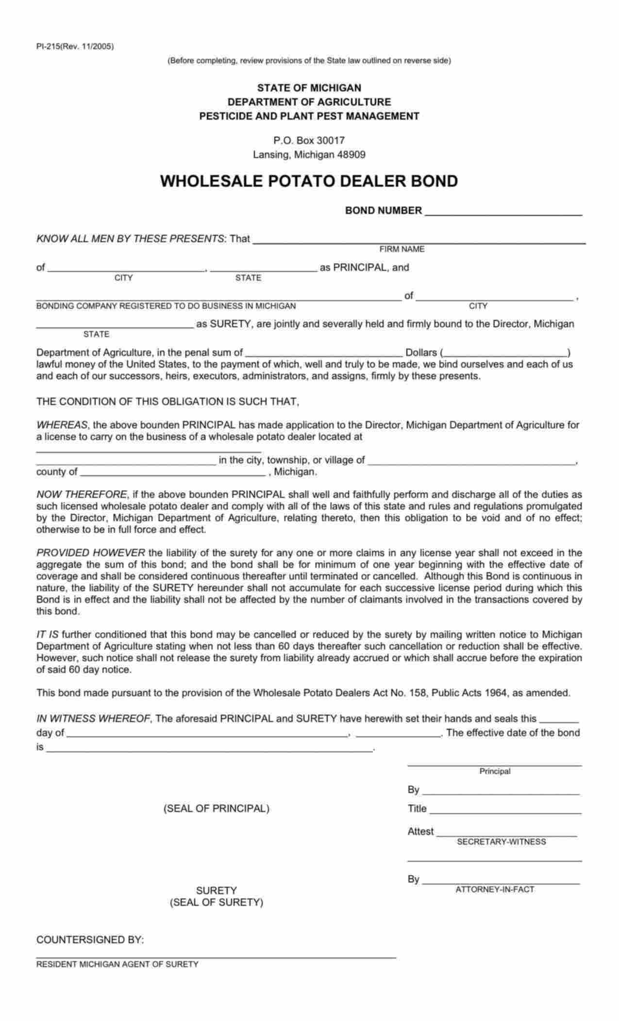 Michigan Wholesale Potato Dealer Bond Form