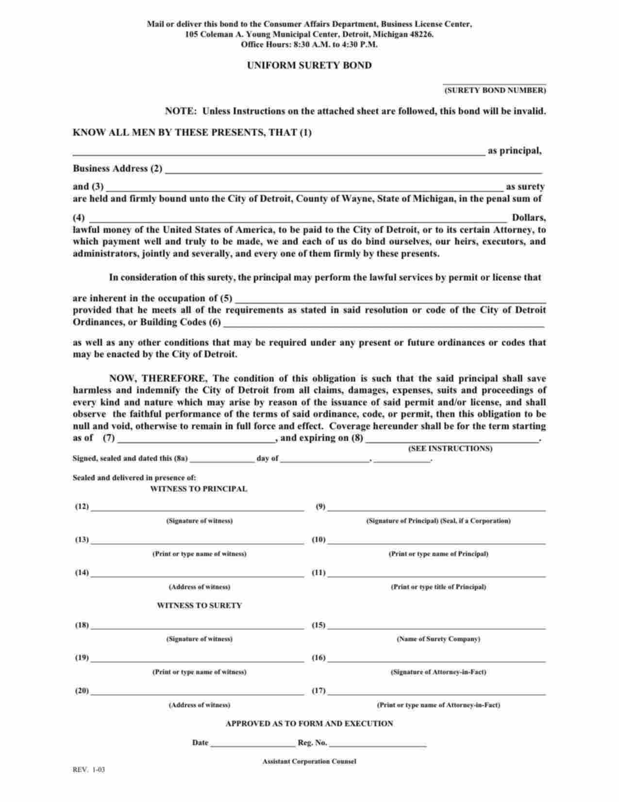 Michigan Erector or Owner of Canopies Bond Form