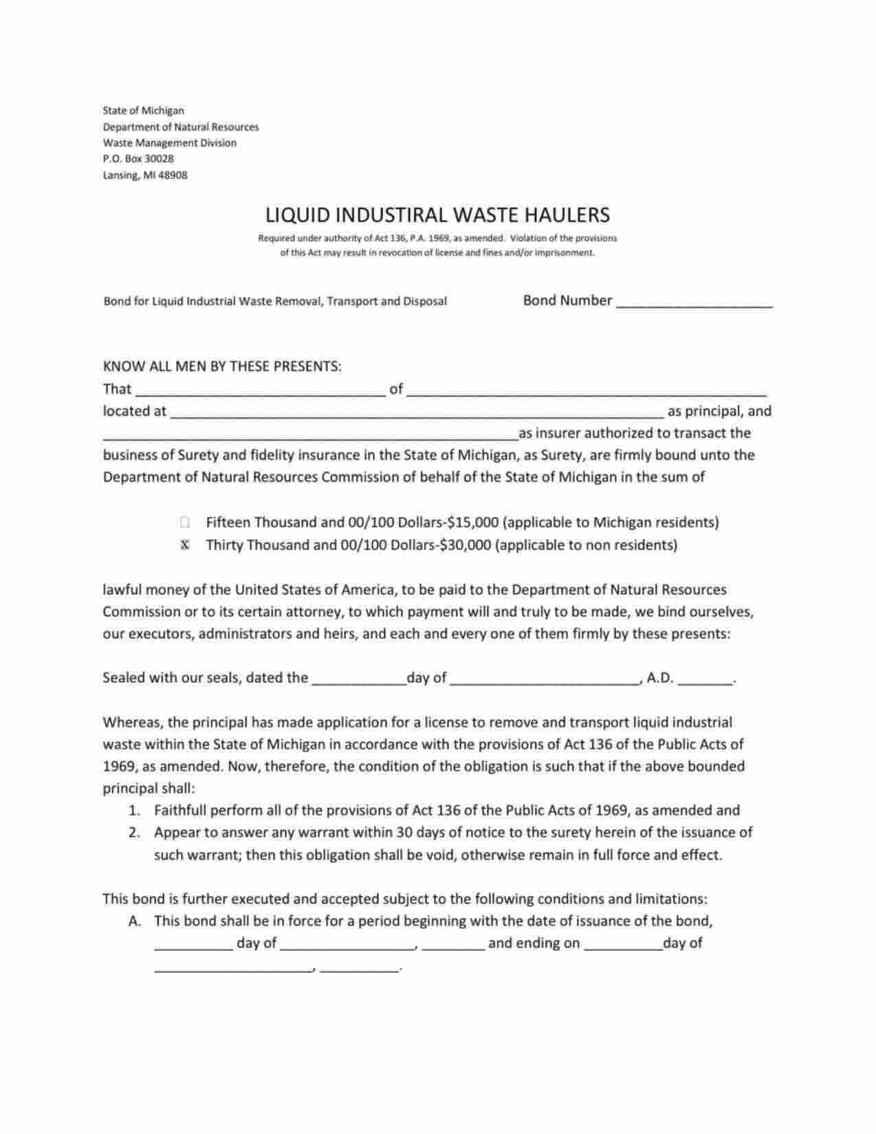 Michigan Liquid Industrial Waste Haulers - Nonresident Bond Form