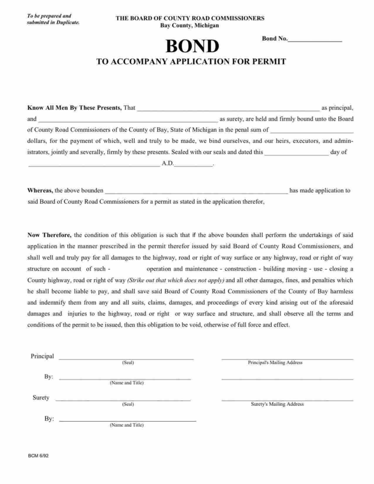 Michigan Highway Permit - Closing A County Highway, Road or Right of Way Bond Form