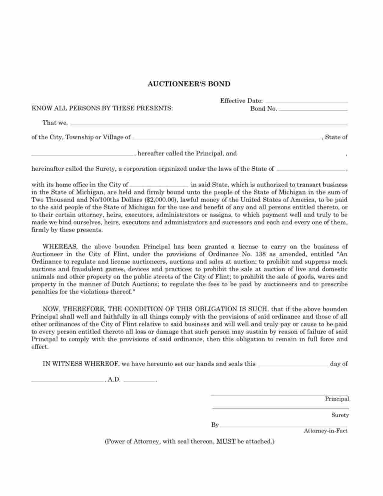 Michigan Auctioneer Bond Form