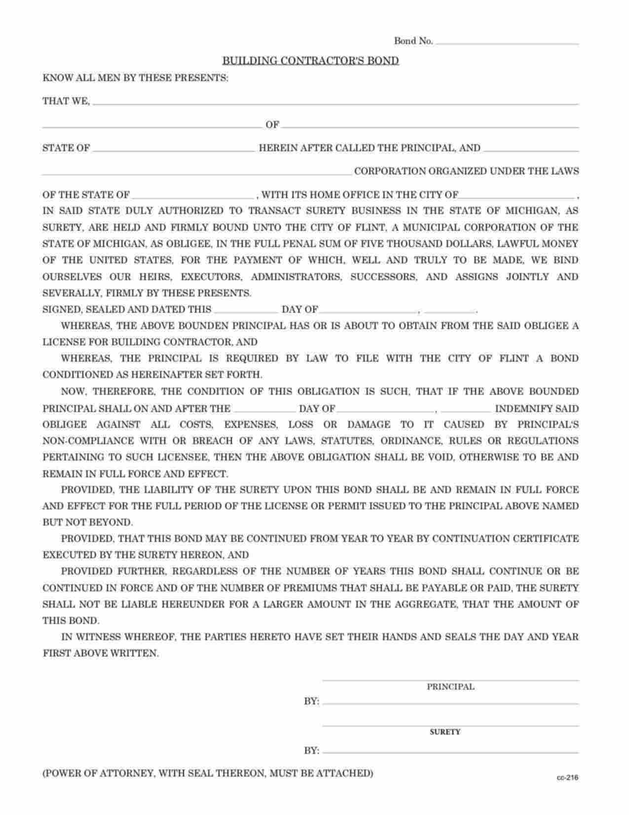 Michigan Building Contractor Bond Form