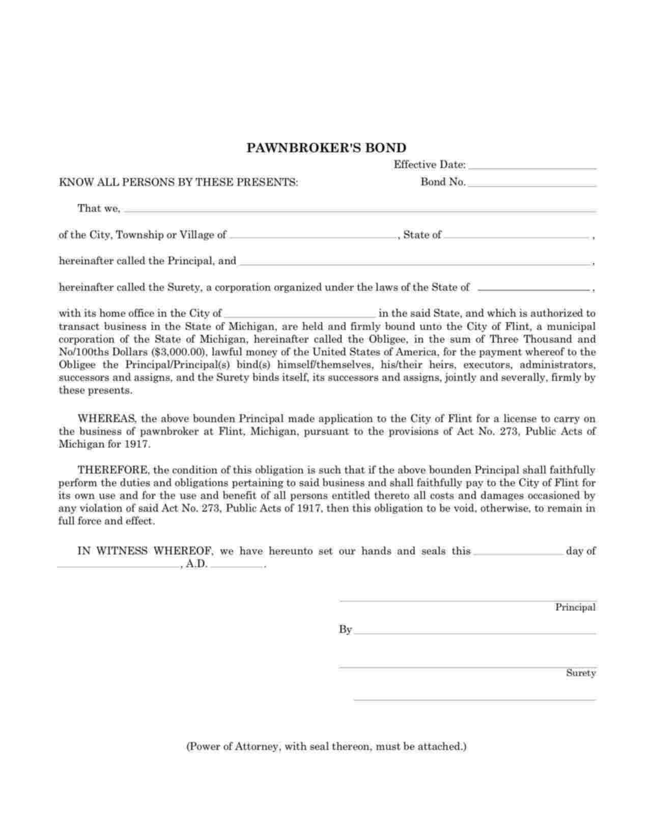 Michigan Pawnbroker Bond Form