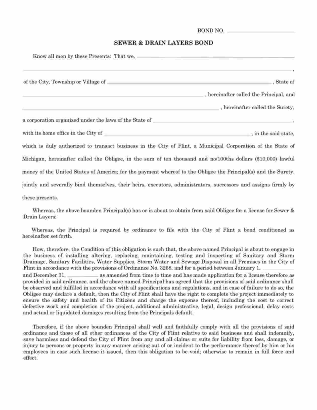 Michigan Sewer & Drain Layers Bond Form