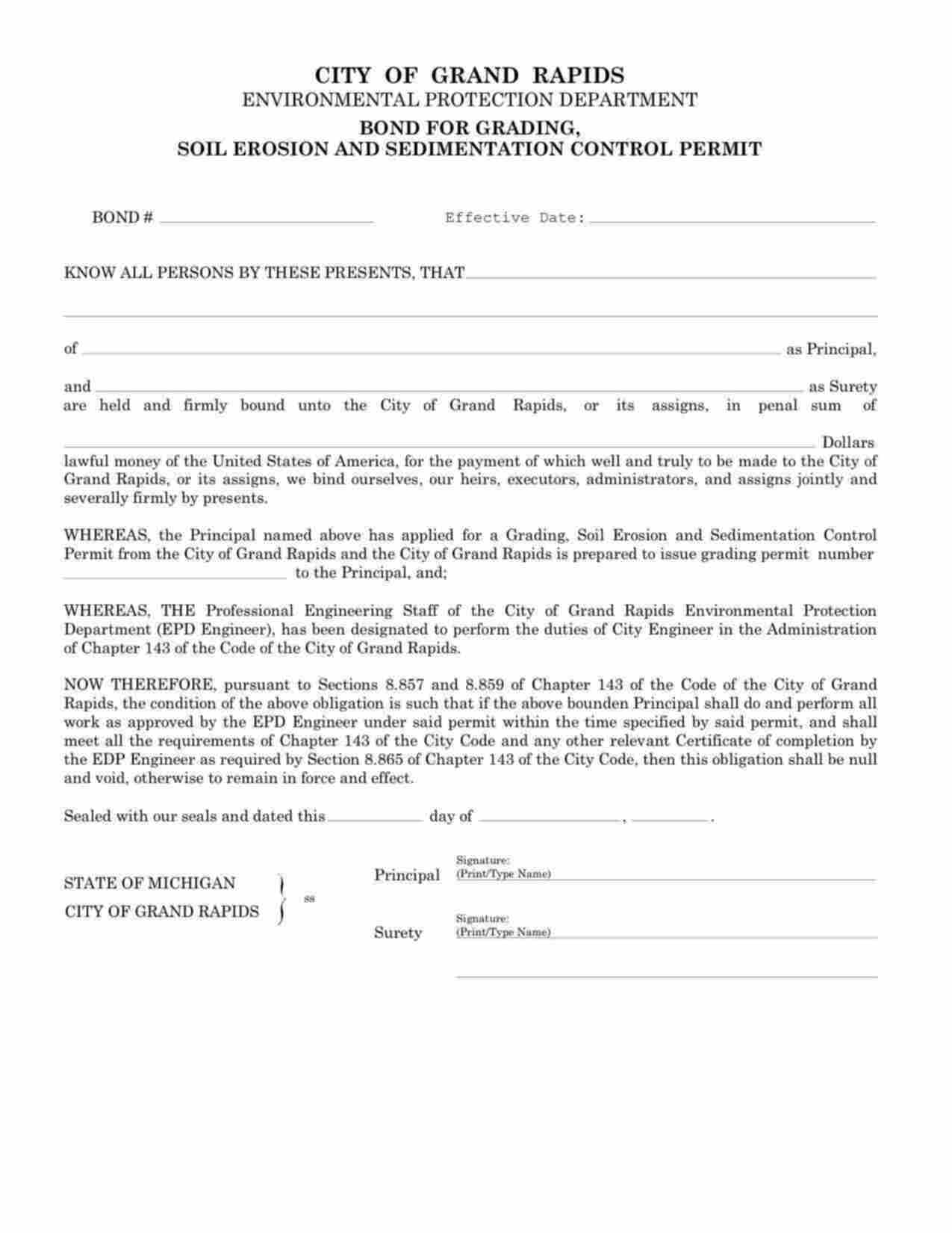 Michigan Grading, Soil Erosion and Sedimentation Control Bond Form