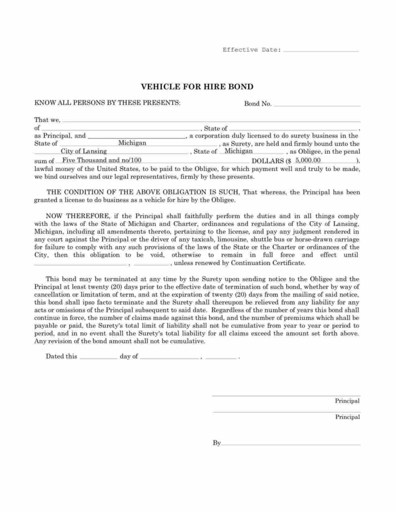 Michigan Vehicle for Hire (Taxicab, Limousine, Shuttle Bus, or Horse-Drawn Carriage) Bond Form