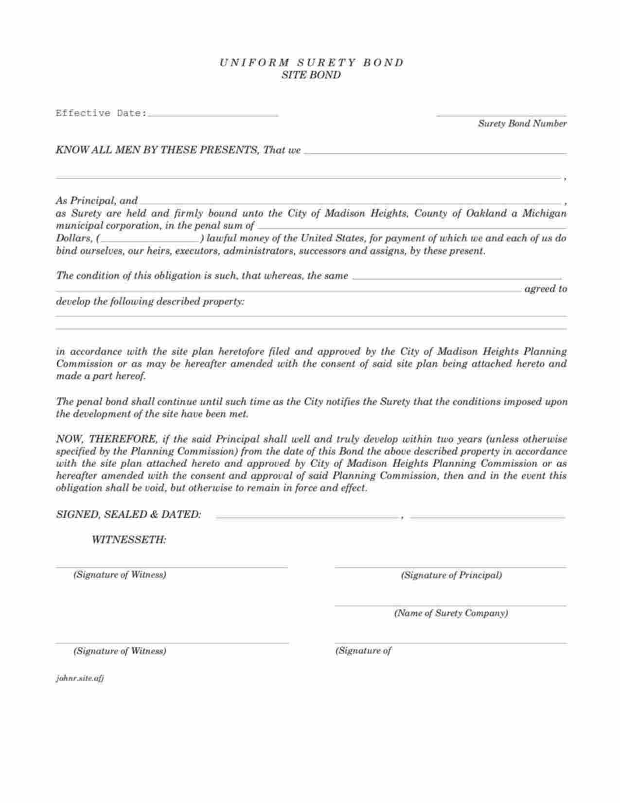 Michigan Contractor Performance Uniform Surety Bond Form