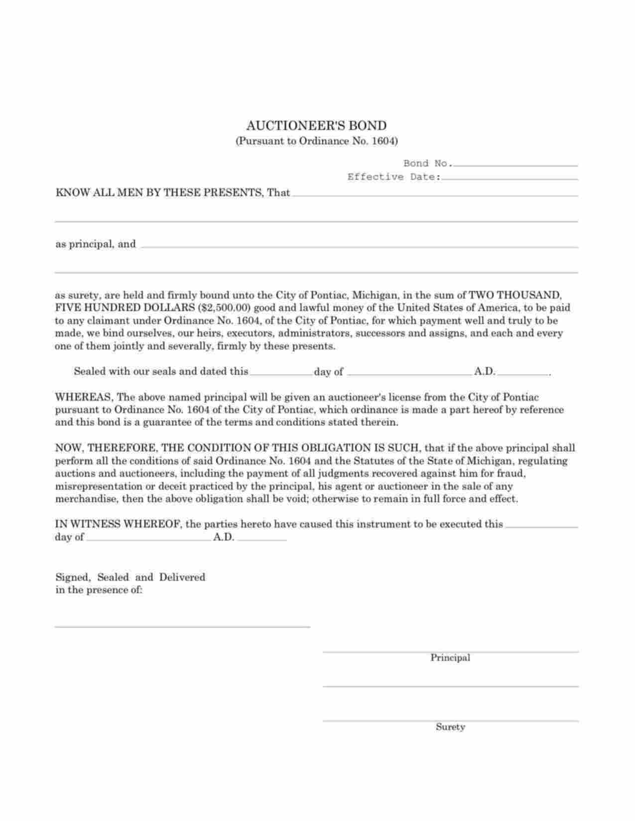 Michigan Auctioneer Bond Form