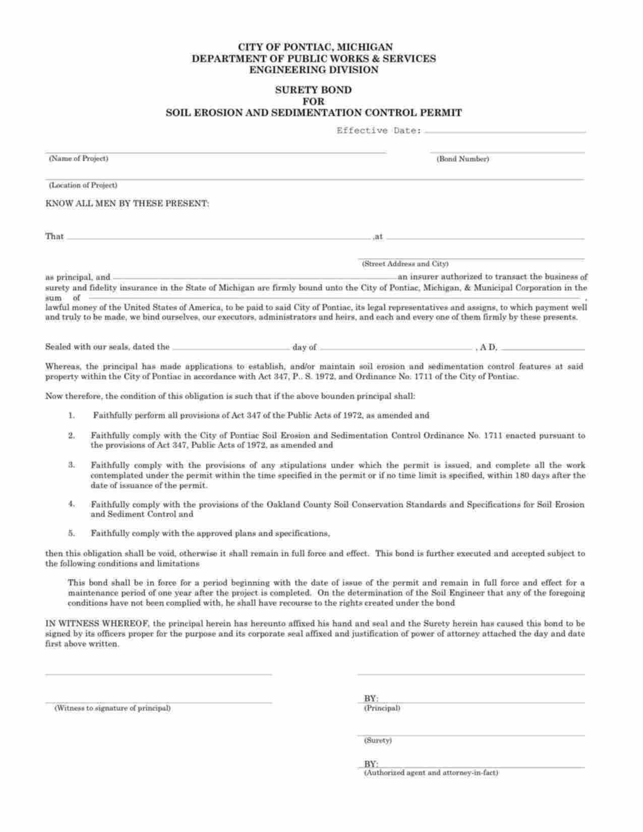 Michigan Soil Erosion and Sedimentation Control Bond Form