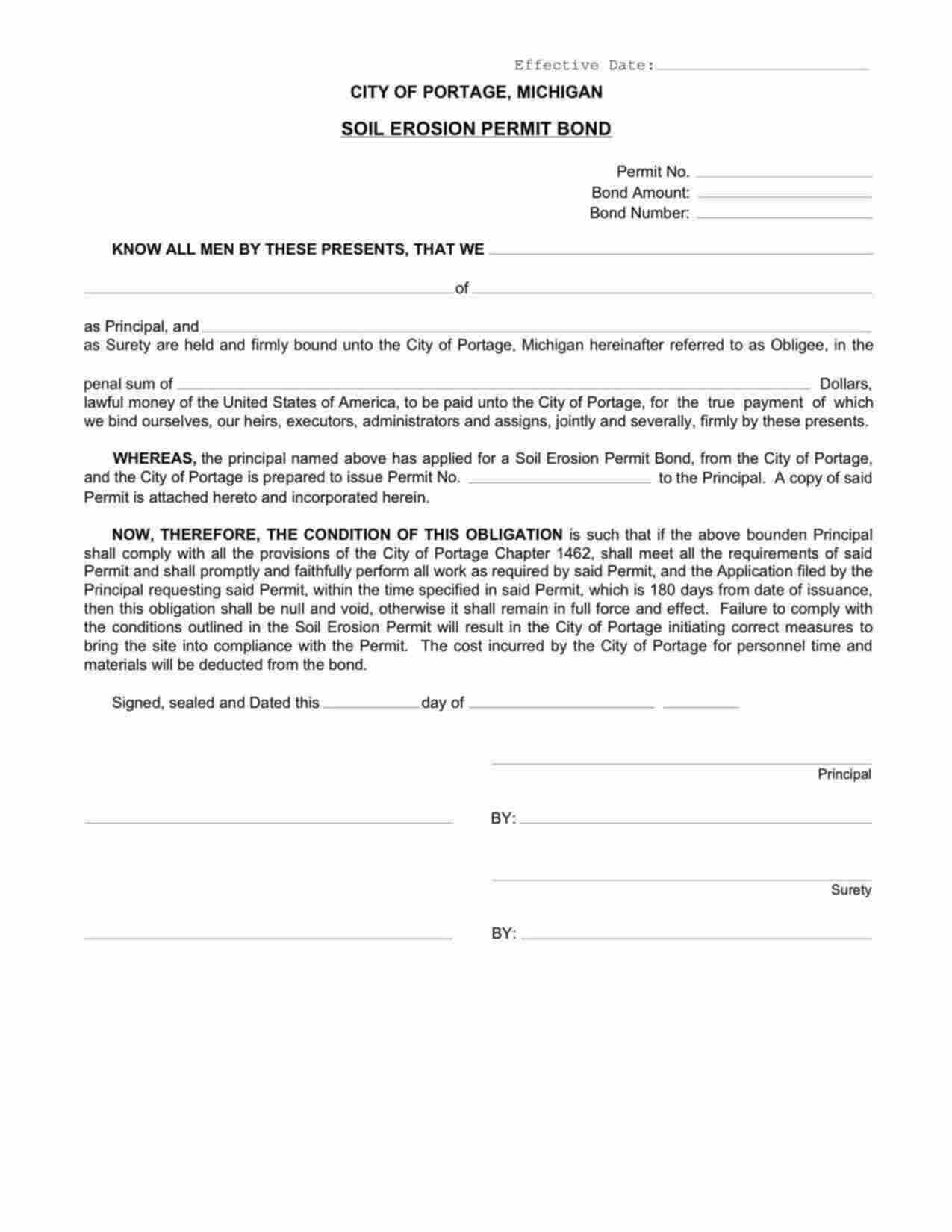 Michigan Soil Erosion Permit Bond Form