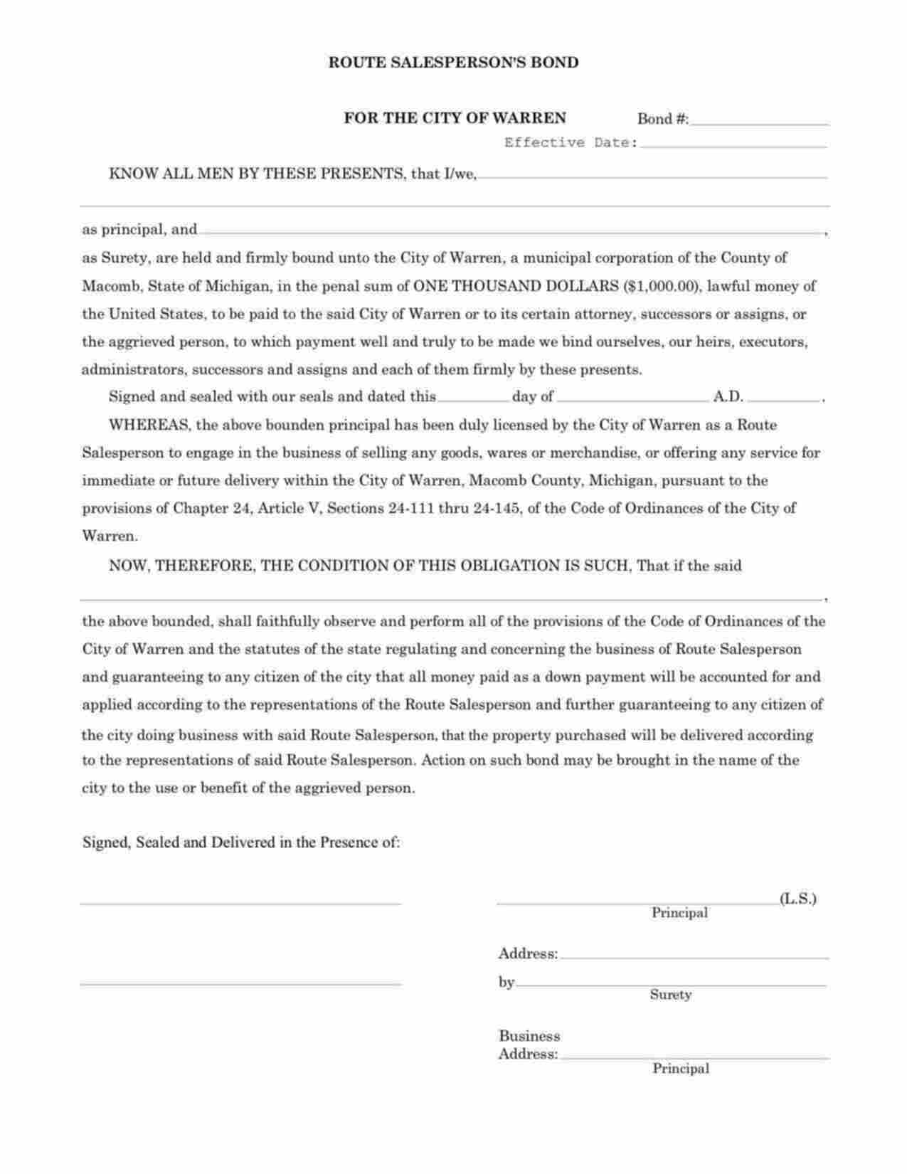 Michigan Route Salesperson Bond Form