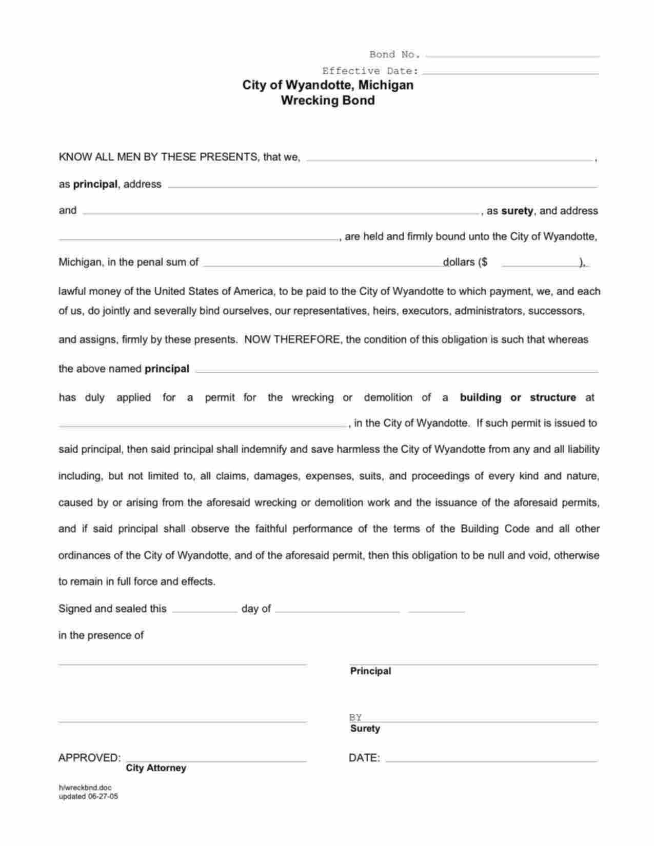 Michigan Wrecking Contractor Bond Form