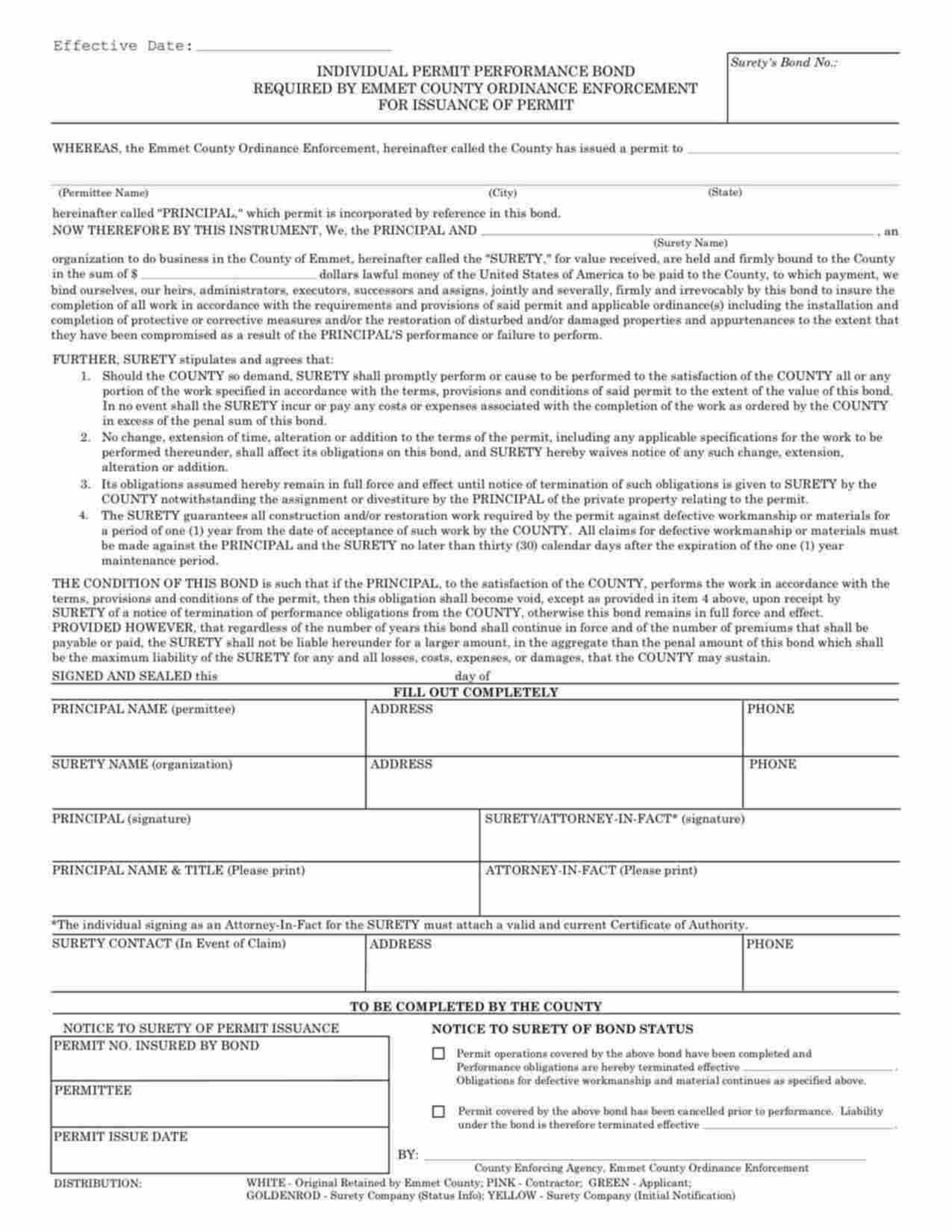 Michigan Individual Permit Performance Bond Form