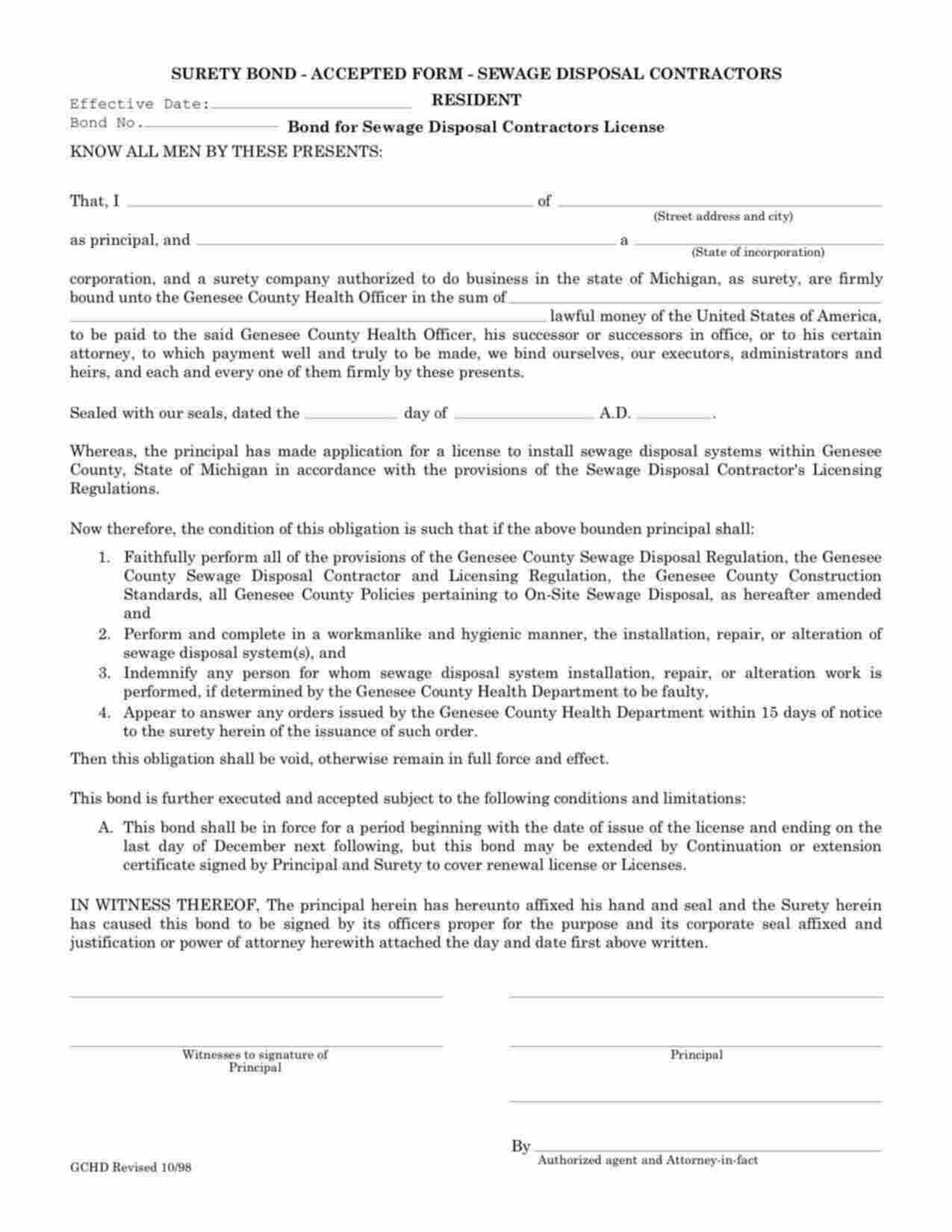 Michigan Sewage Disposal Contractors License Bond Form