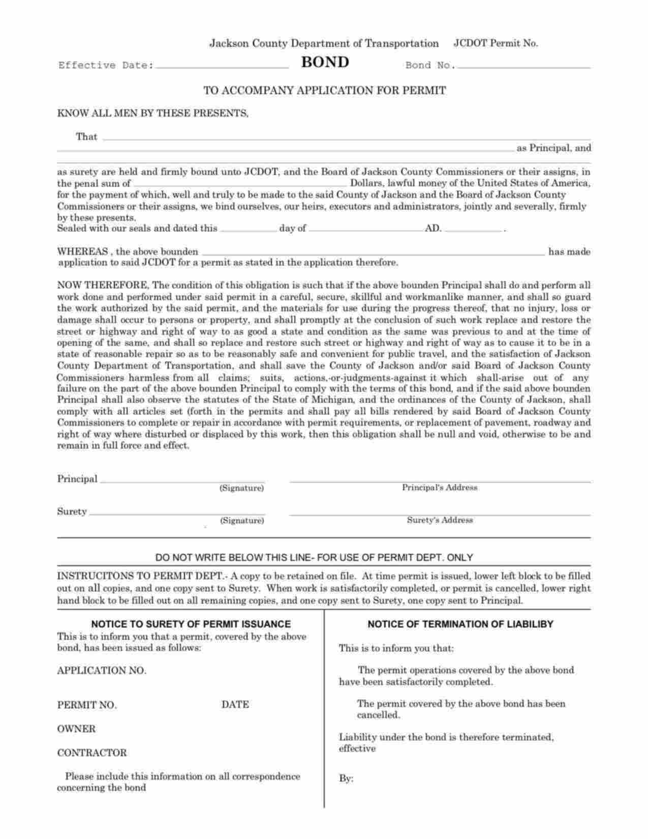 Michigan Right-of-Way Permit Bond Form