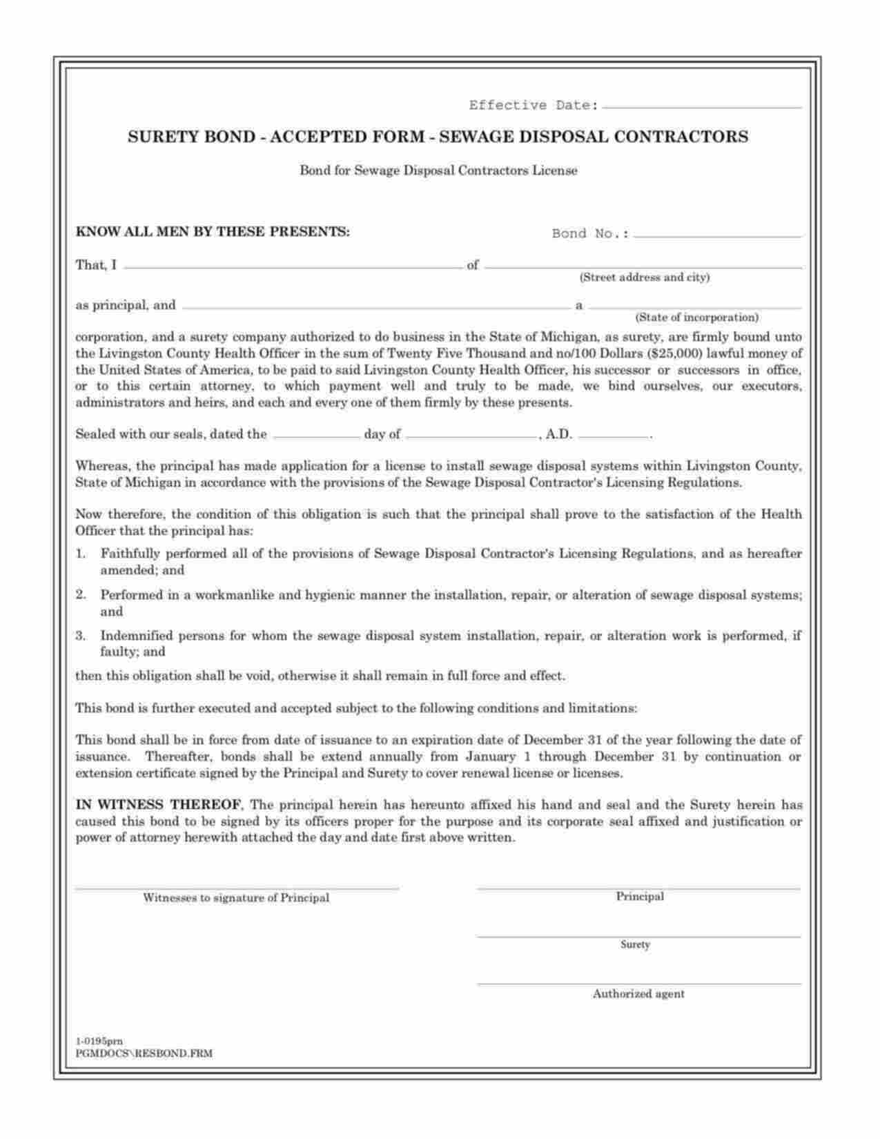 Michigan Sewage Disposal Contractors License Bond Form