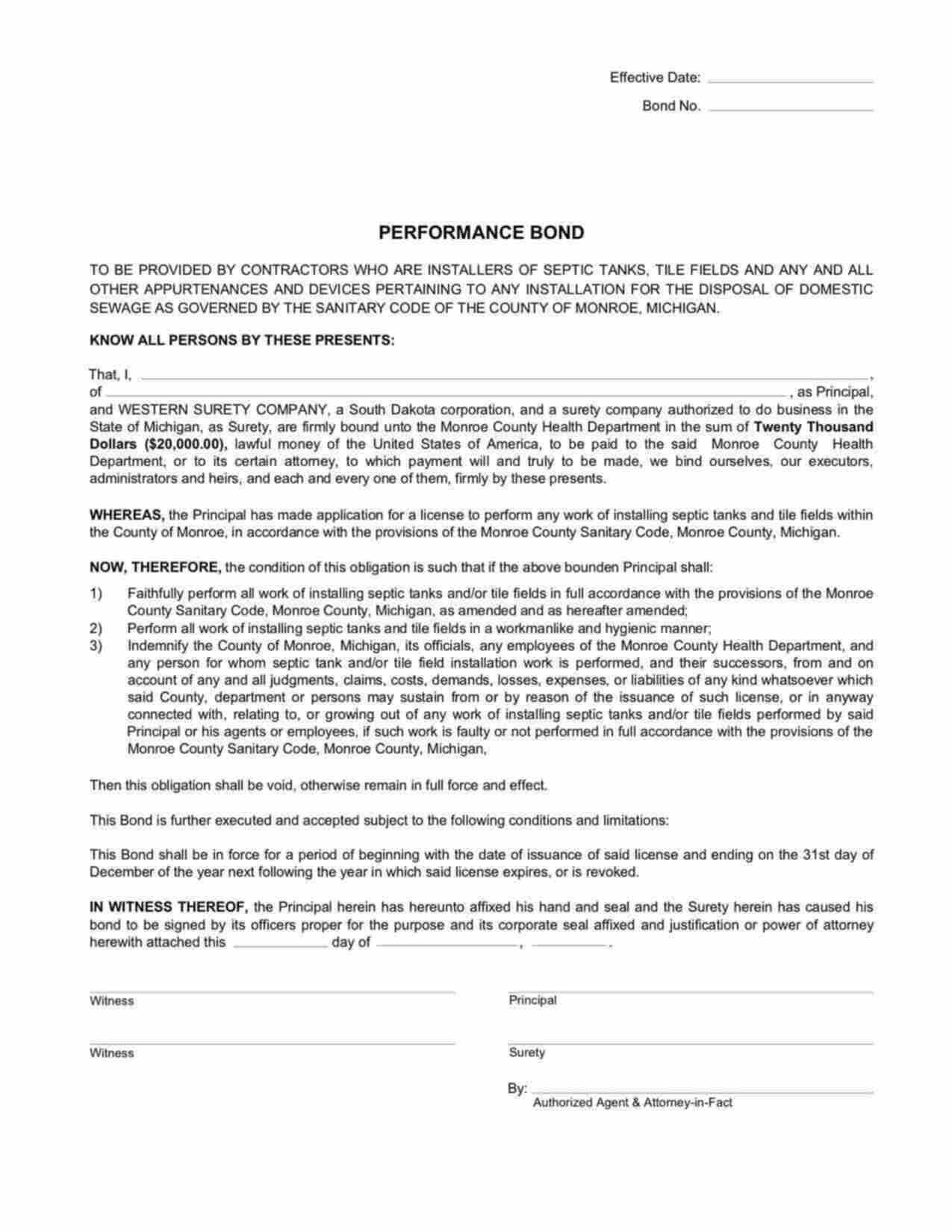 Michigan Septic Tank Performance Bond Form