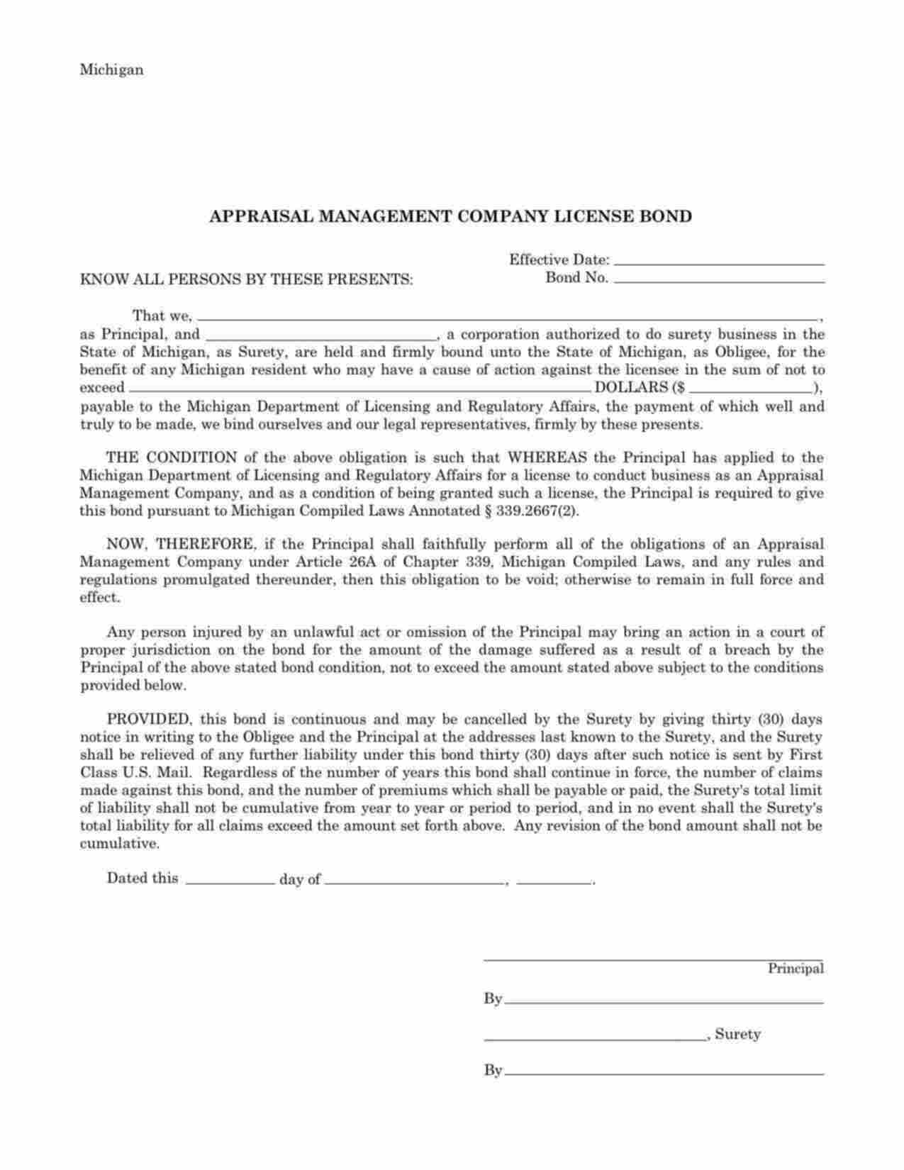 Michigan Appraisal Management Company Bond Form