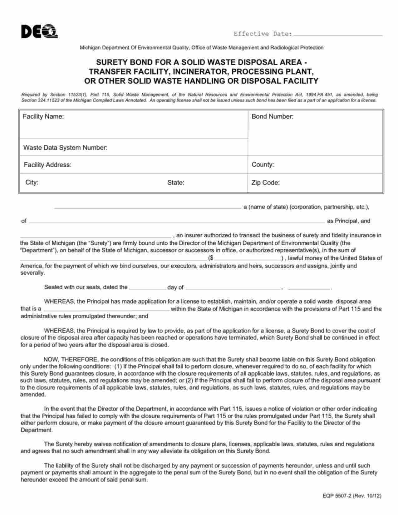 Michigan Solid Waste Processing Plant Bond Form