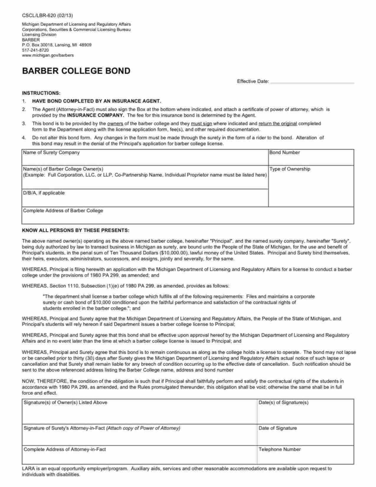 Michigan Barber College Bond Form