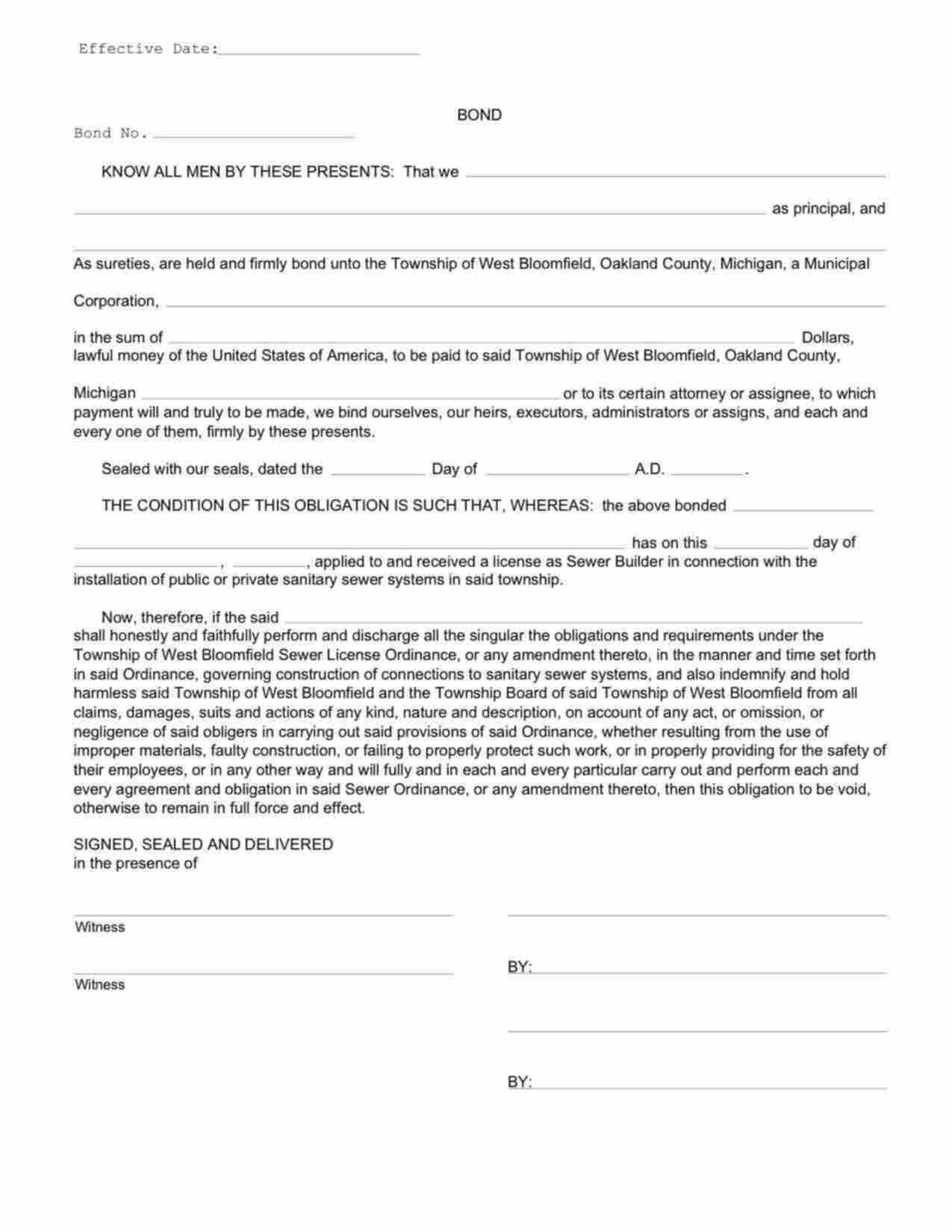 Michigan Sewer Builder Bond Form