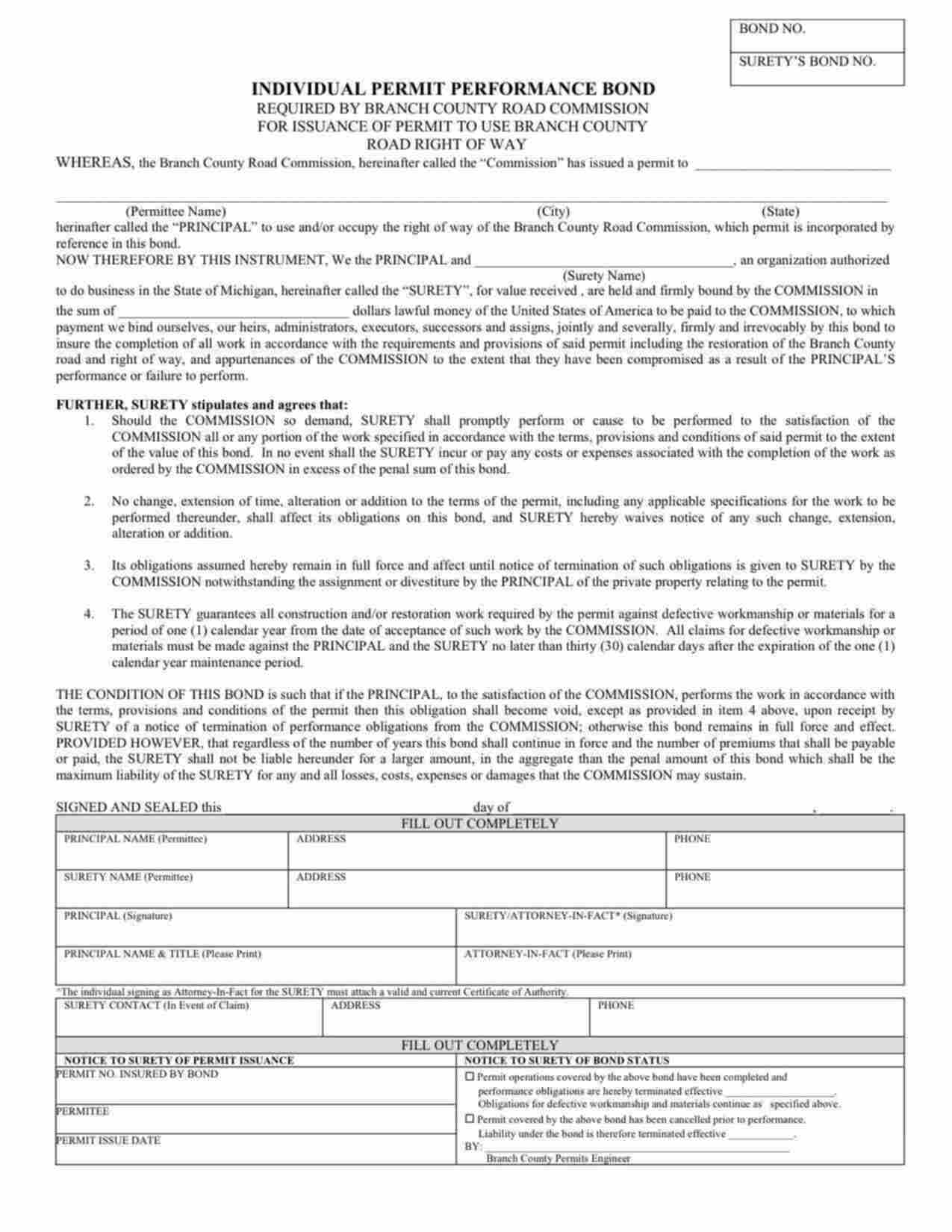 Michigan Individual Permit Performance Bond Form