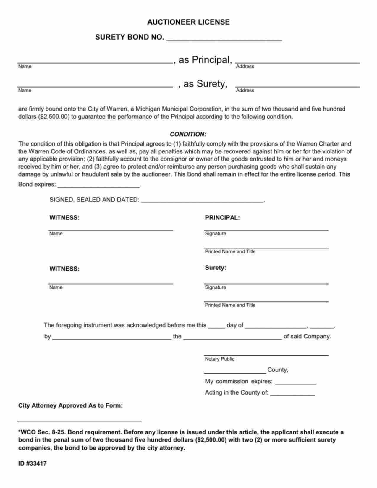 Michigan Auctioneer License Bond Form