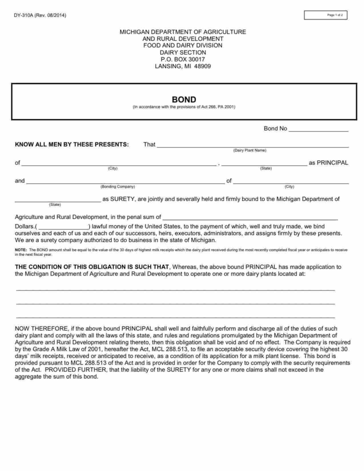 Michigan Dairy Plant Bond Form