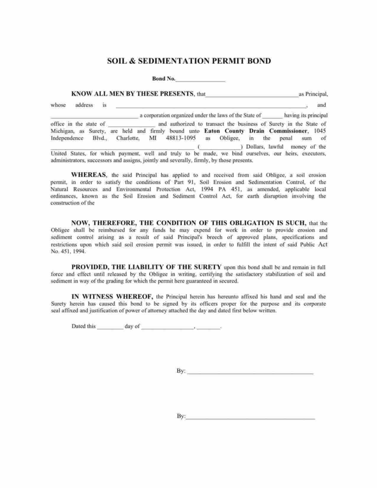 Michigan Soil Erosion and Sedimentation Permit Bond Form