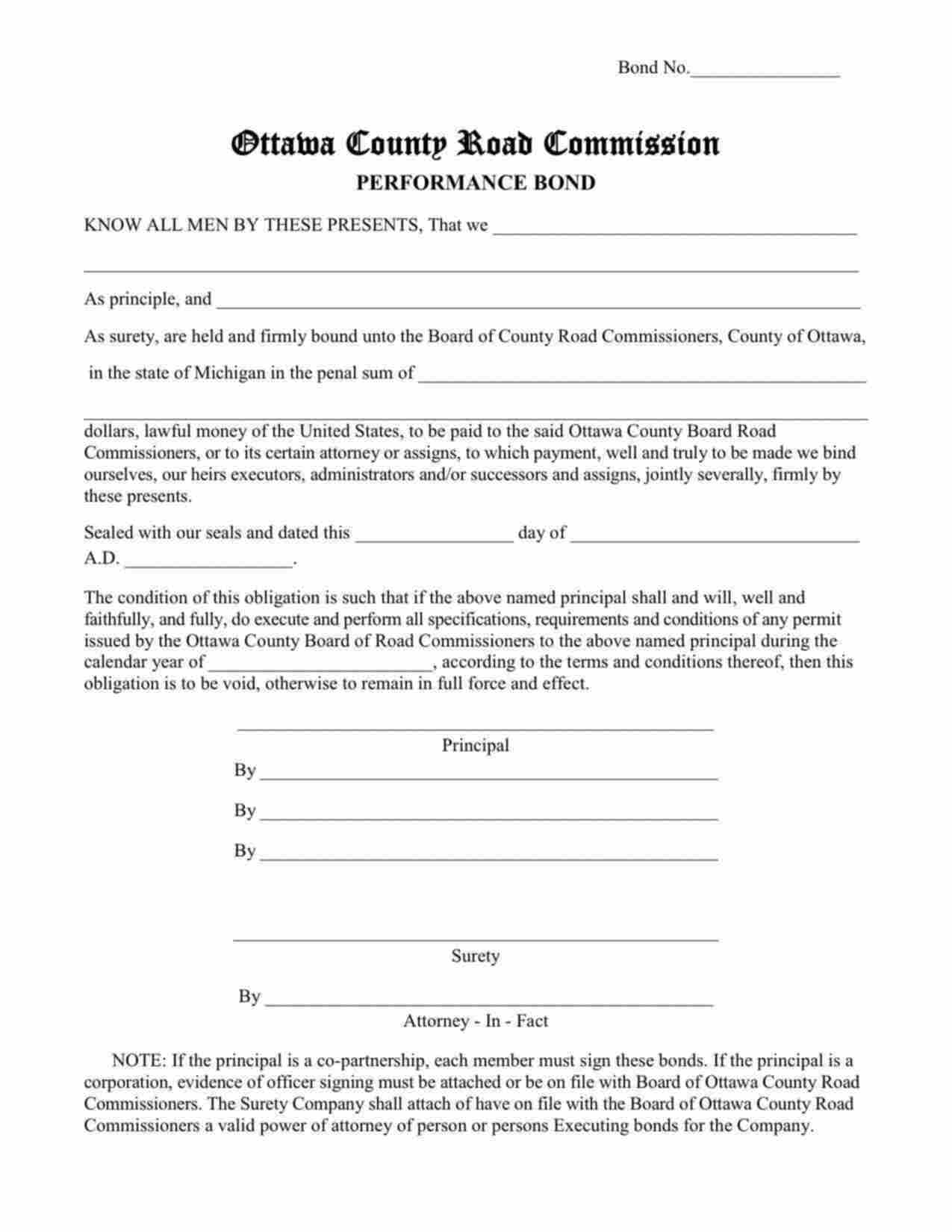 Michigan Road Commission Performance Bond Form