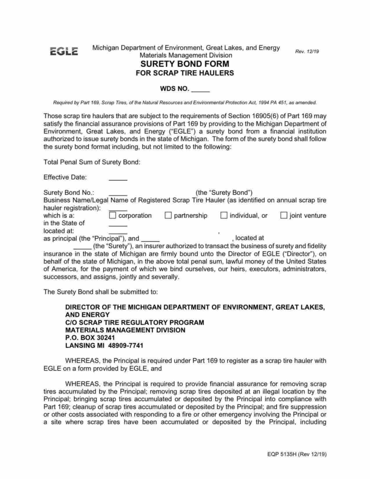 Michigan Registered Scrap Tire Hauler Bond Form