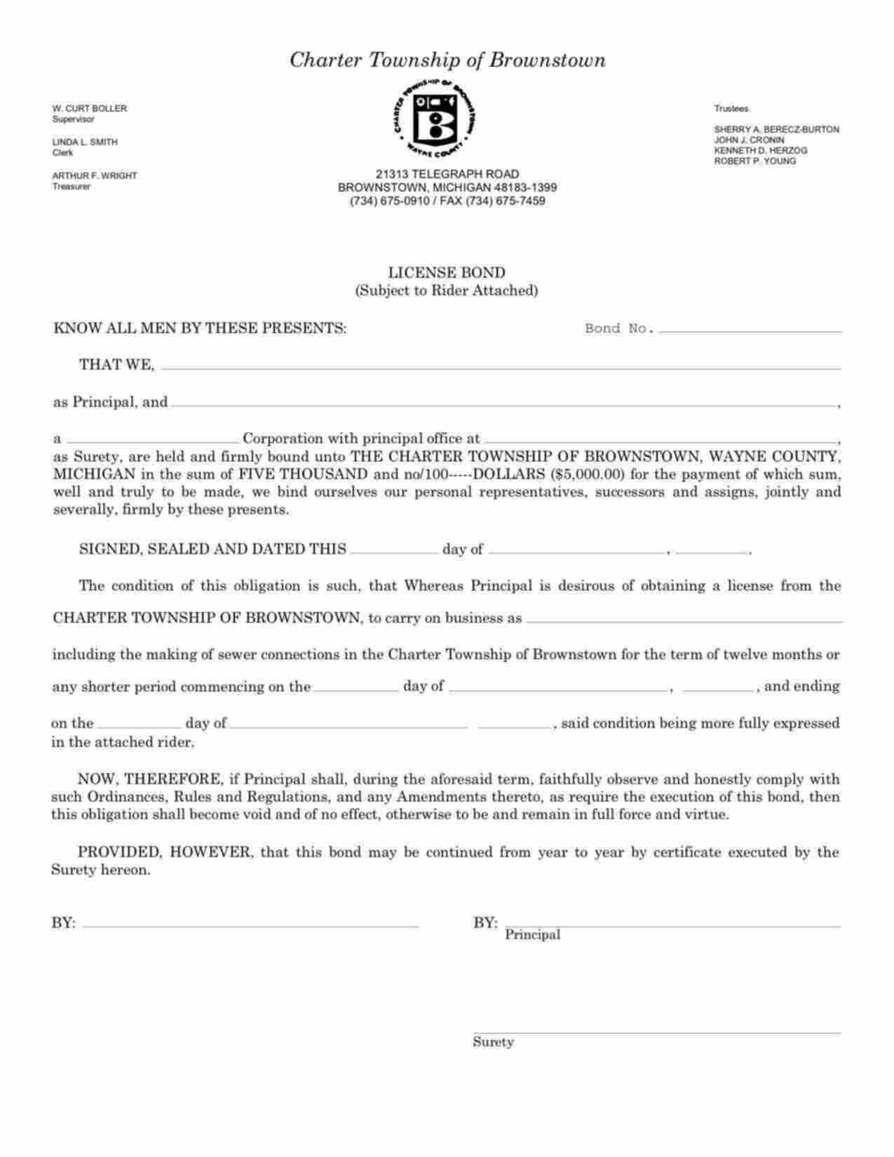 Michigan Sewer Connections License Bond Form