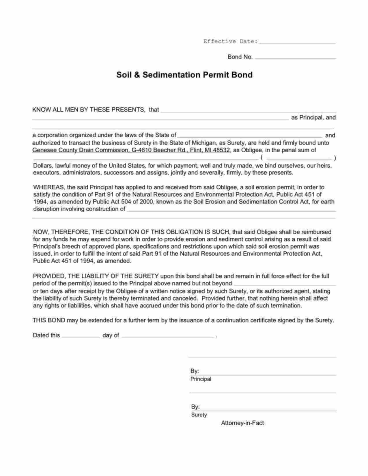 Michigan Soil & Sedimentation Permit Bond Form