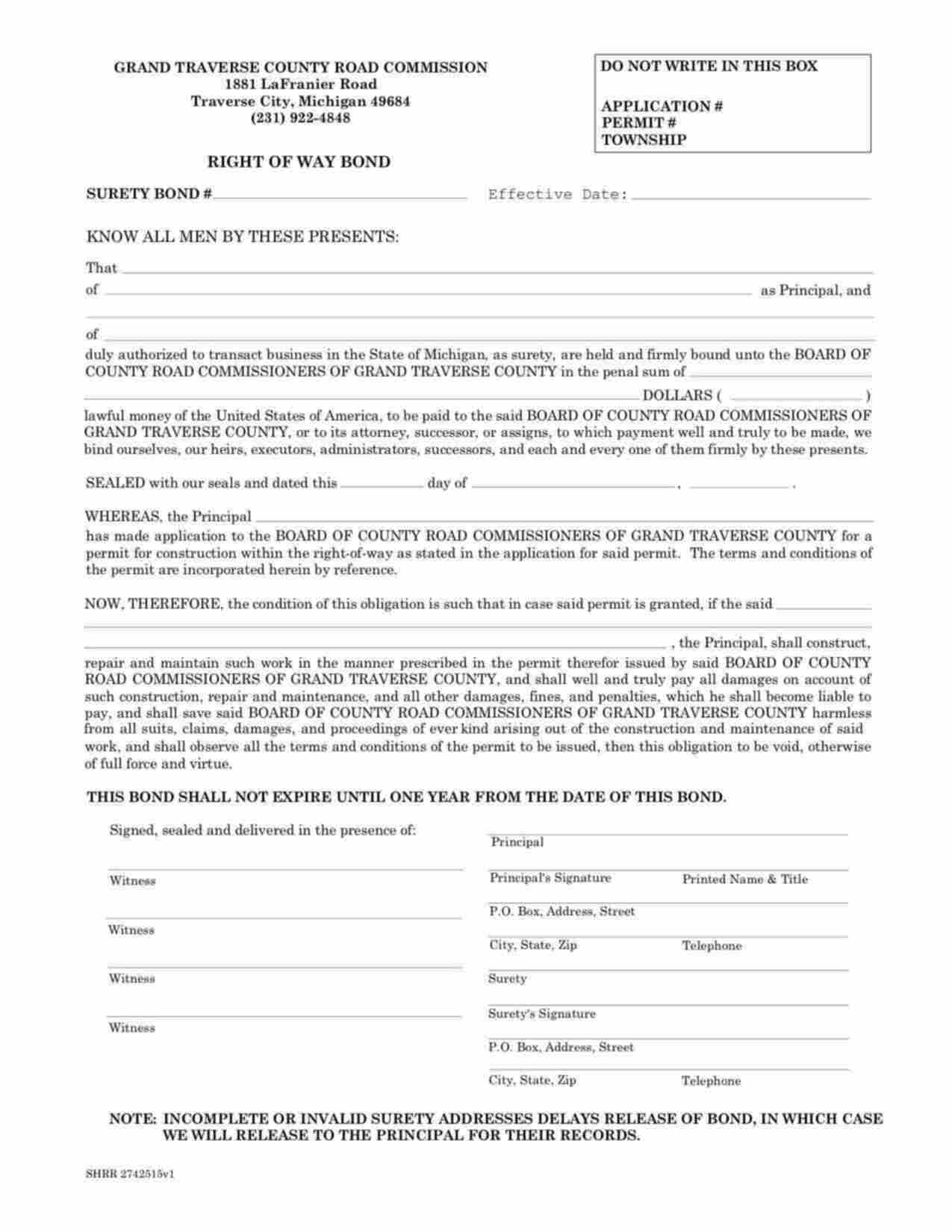 Michigan Right of Way Bond Form