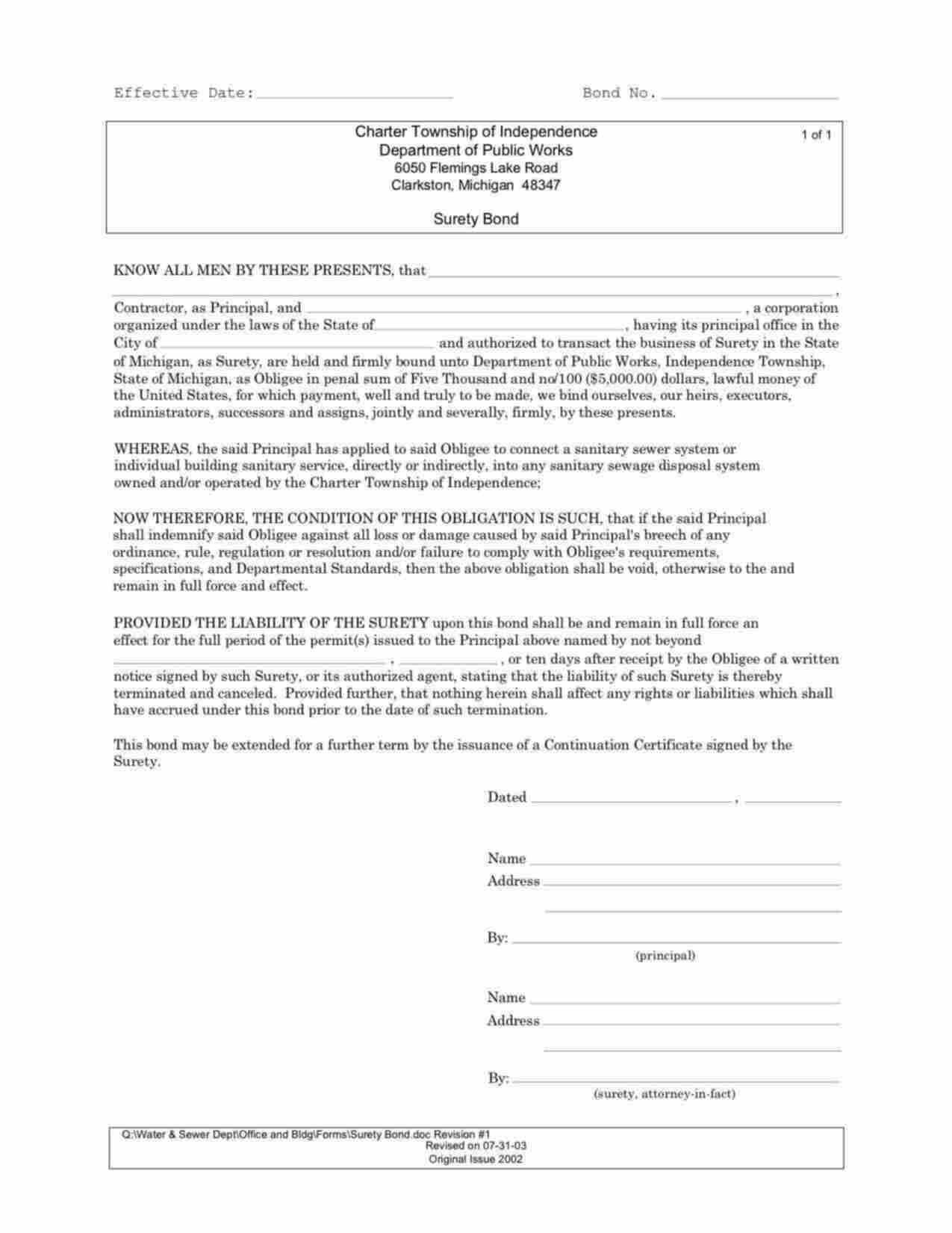 Michigan Sewer Contractor Bond Form