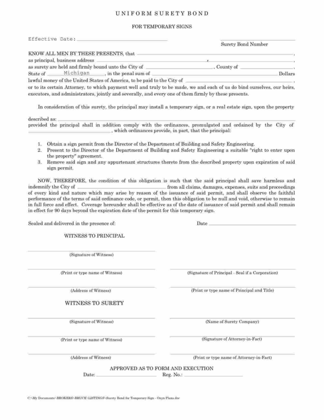 Michigan Temporary Signs Bond Form