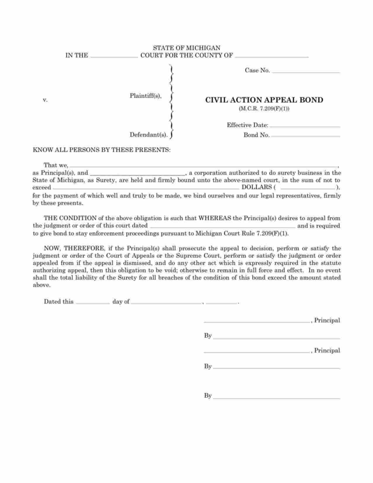 Michigan Civil Action Appeal Bond Form
