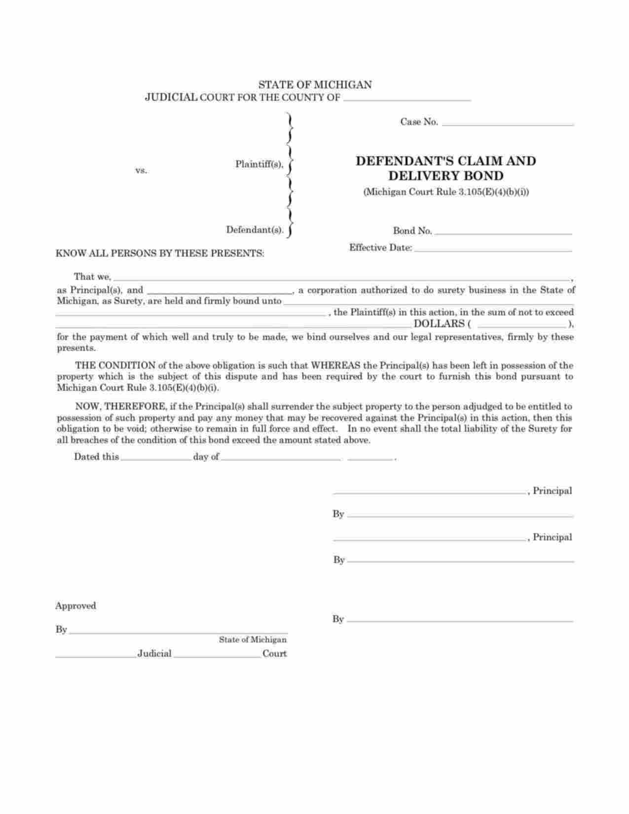 Michigan Defendants Claim and Delivery Bond Form