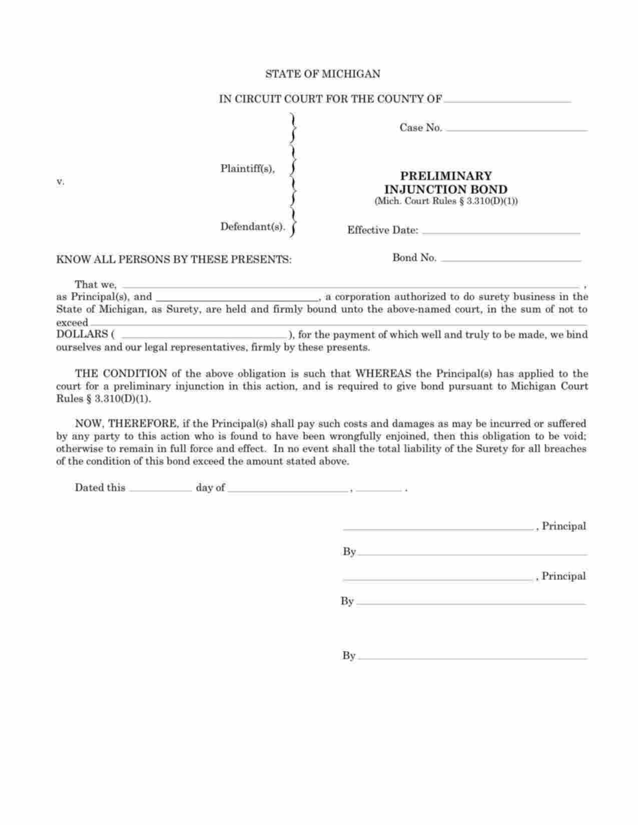 Michigan Preliminary Injunction Bond Form