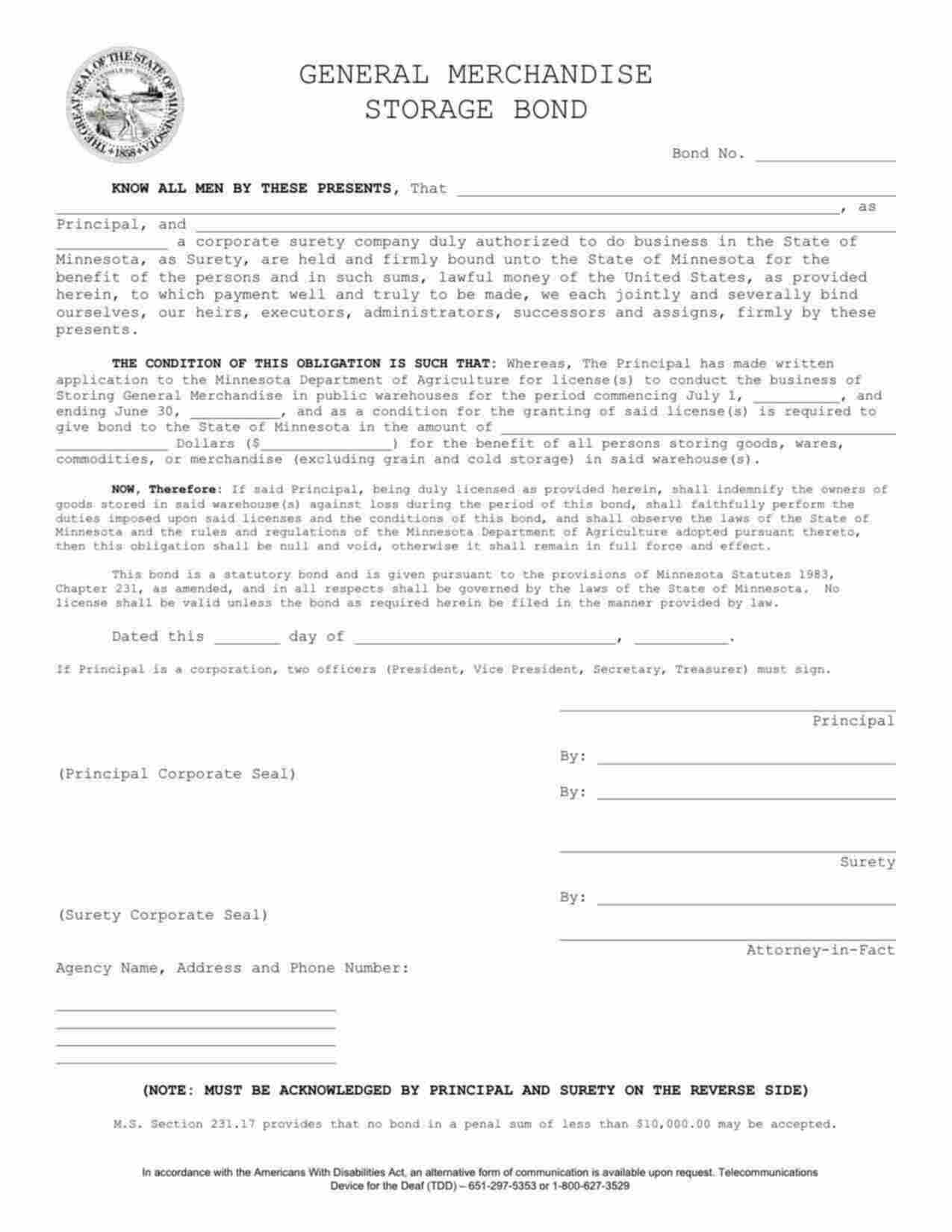 Minnesota General Merchandise Storage (Public Warehouse) Bond Form