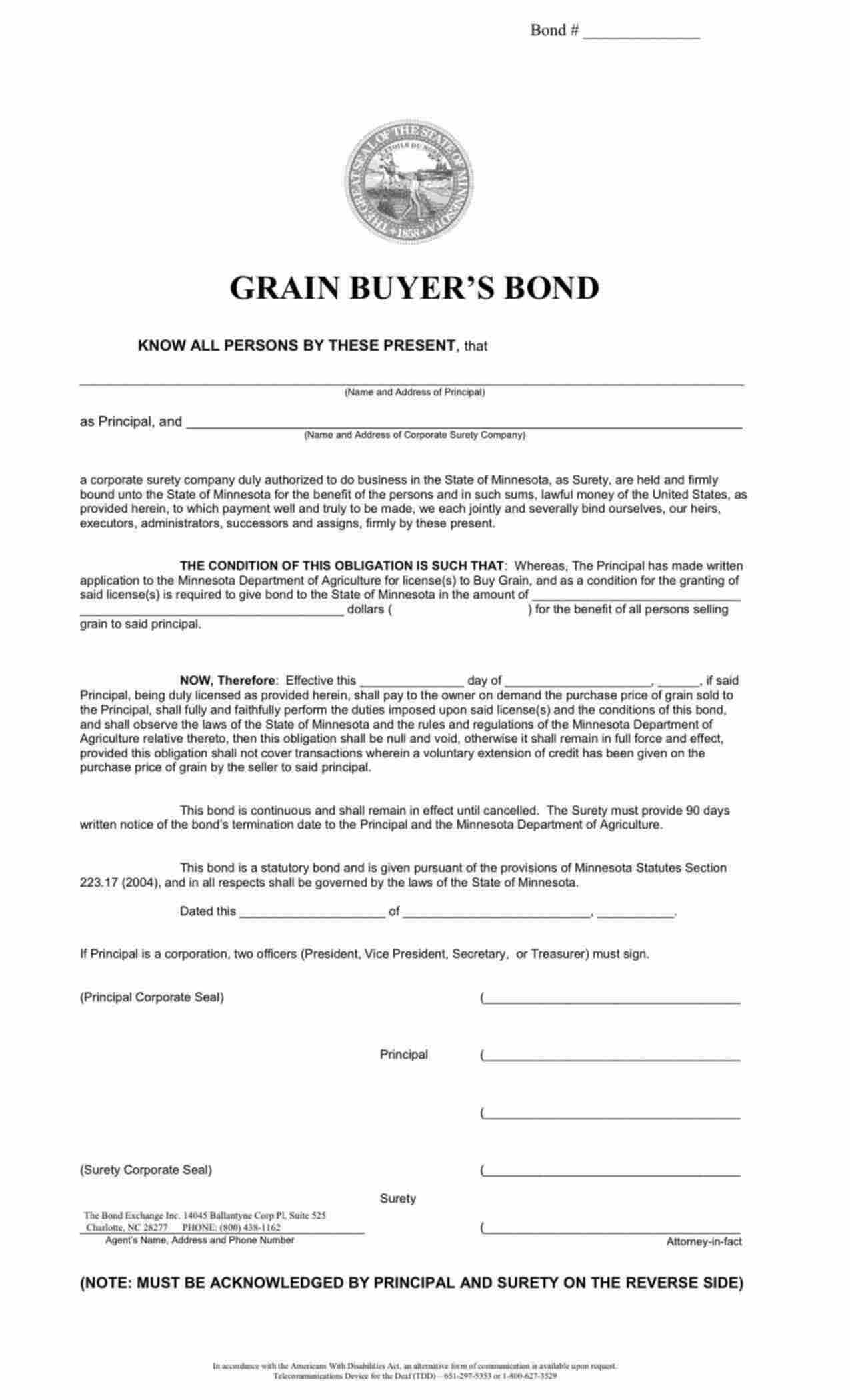 Minnesota Grain Buyer's Bond Form